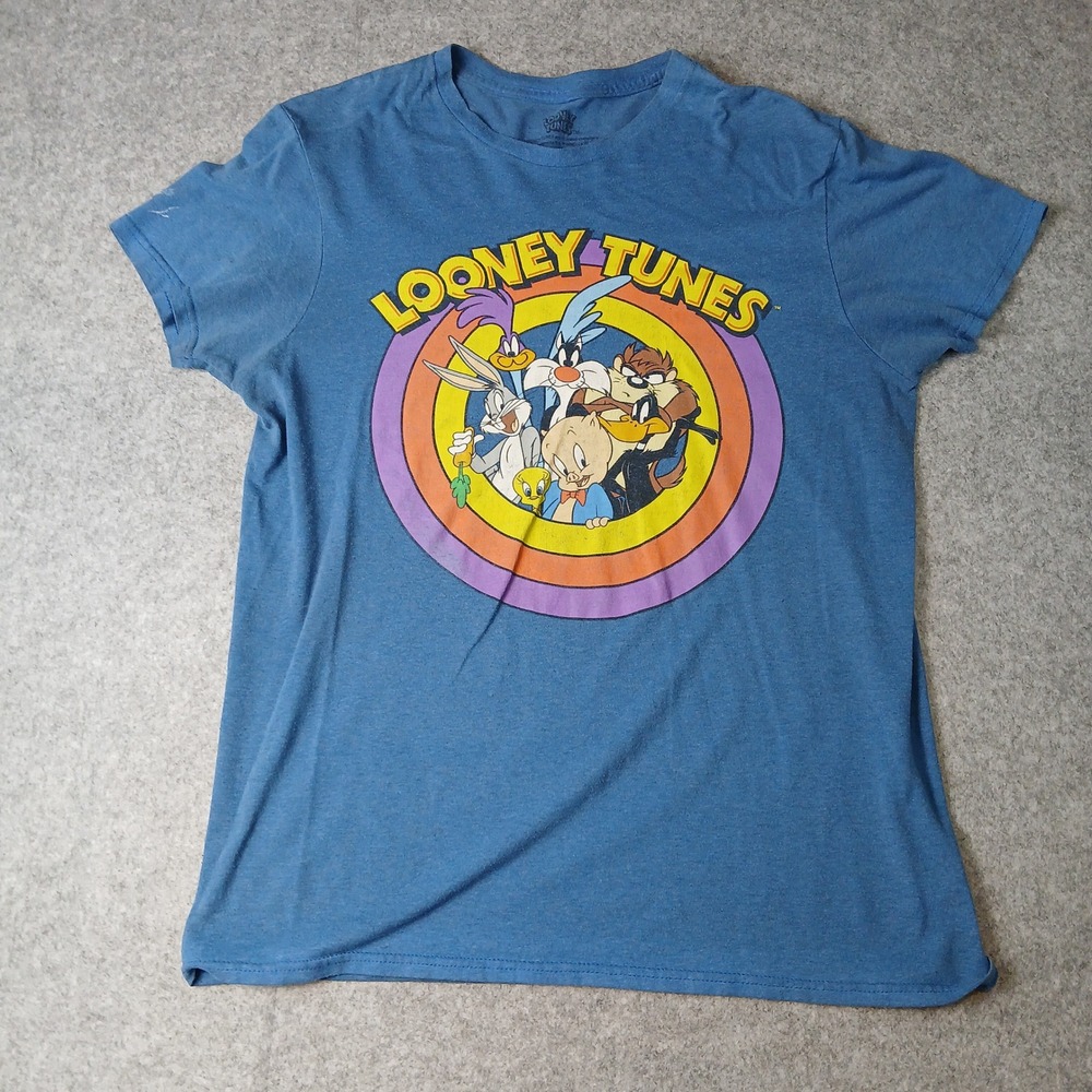Looney Tunes Graphic T-Shirt Mens Size Medium Blue Characters Short Sleeve Tee